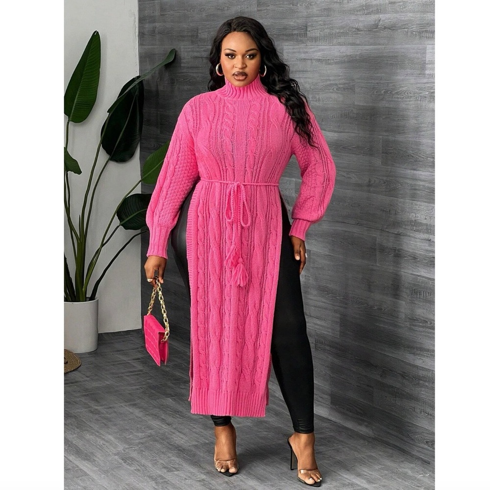 Elegant Sexy Long Sleeve Turtleneck Winter Pink Cable Knit Sweater Dress
